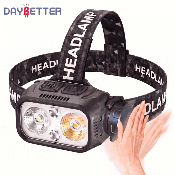 DAYBETTER LED Headlamp with White/Yellow Lighting, 9 Modes, Motion Sensor, Type-C Chargeable, Waterproof for Camping, Hiking, Fishing, Running
