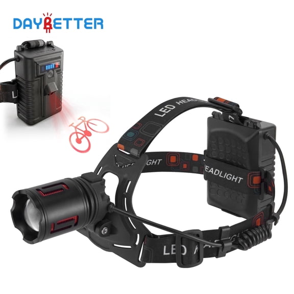 DAYBETTER LED Headlamp with Tail Light Bike Pattern Projection, Zoomable 3600mAh Rechargeable, Red Blue Strobe, Waterproof Bikelight for Cycling Camping Hiking