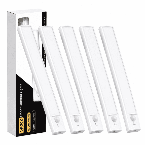DAYBETTER White Light Under Cabinet Lighting, USB Rechargeable Closet Lighting with Motion Sensor and Magnetic Strip for Wardrobe & Kitchen, Wireless Lighting, 5?Pack