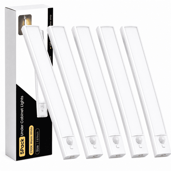 DAYBETTER Warm White Light Under Cabinet Lighting, USB Rechargeable Closet Lighting with Motion Sensor and Magnetic Strip for Wardrobe & Kitchen, Wireless Lighting, 5?Pack