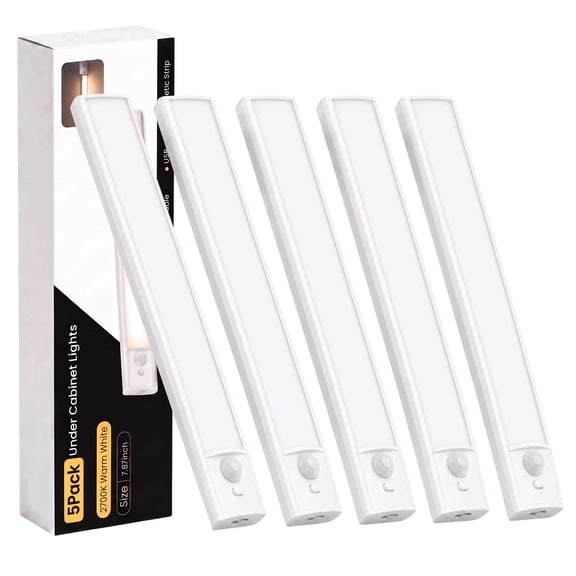 DAYBETTER Warm White Light Under Cabinet Lighting, USB Rechargeable Closet Lighting with Motion Sensor and Magnetic Strip for Wardrobe & Kitchen, Wireless Lighting, 5Pack