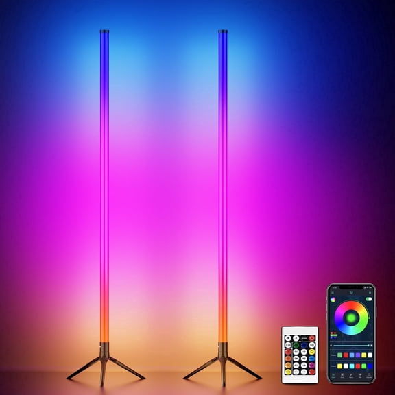 DAYBETTER LED Corner Floor Lamp,1.6 meters 360°Color Changing Lamp with Bluetooth APP, Remote Control, Music Sync, 16 Million DIY Colors & Timing,black, for Living Room Gaming Room(2pack)