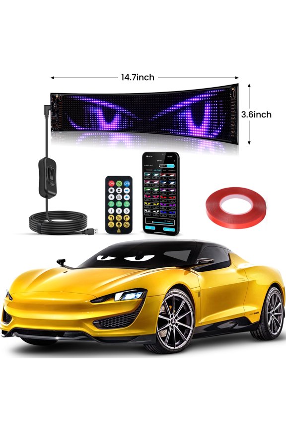 Devil Eye Sign Lights 14.7×3.6in, LED Flexible Silicone Accent Lights for Windshield, DIY Dynamic Programmable APP Control, Custom Text Pattern Animation Flexible Display, USB-Powered