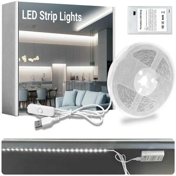 DAYBETTER LED Strip Lights Battery Powered, 16.4ft USB White LED Strip Lights, Cuttable, for Bedroom, Dormitory, Tent, TV, Under Cabinet