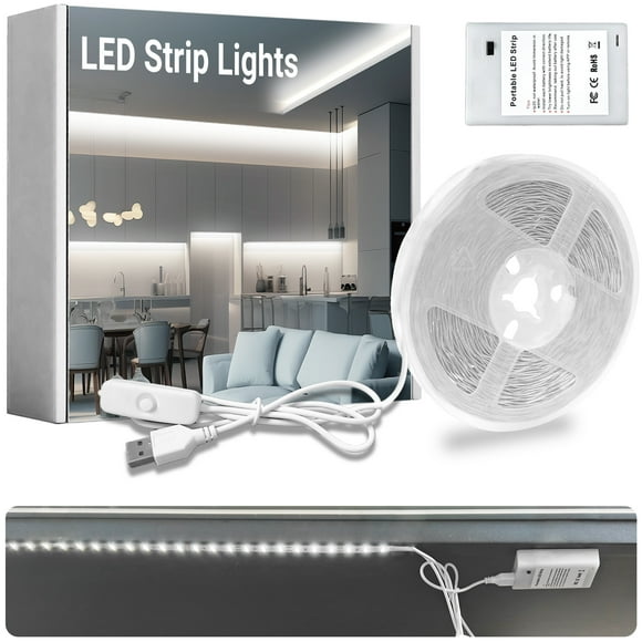 DAYBETTER LED Strip Lights Battery Powered, 16.4ft USB White LED Strip Lights, Cuttable, for  Bedroom, Dormitory, Tent, TV, Under Cabinet