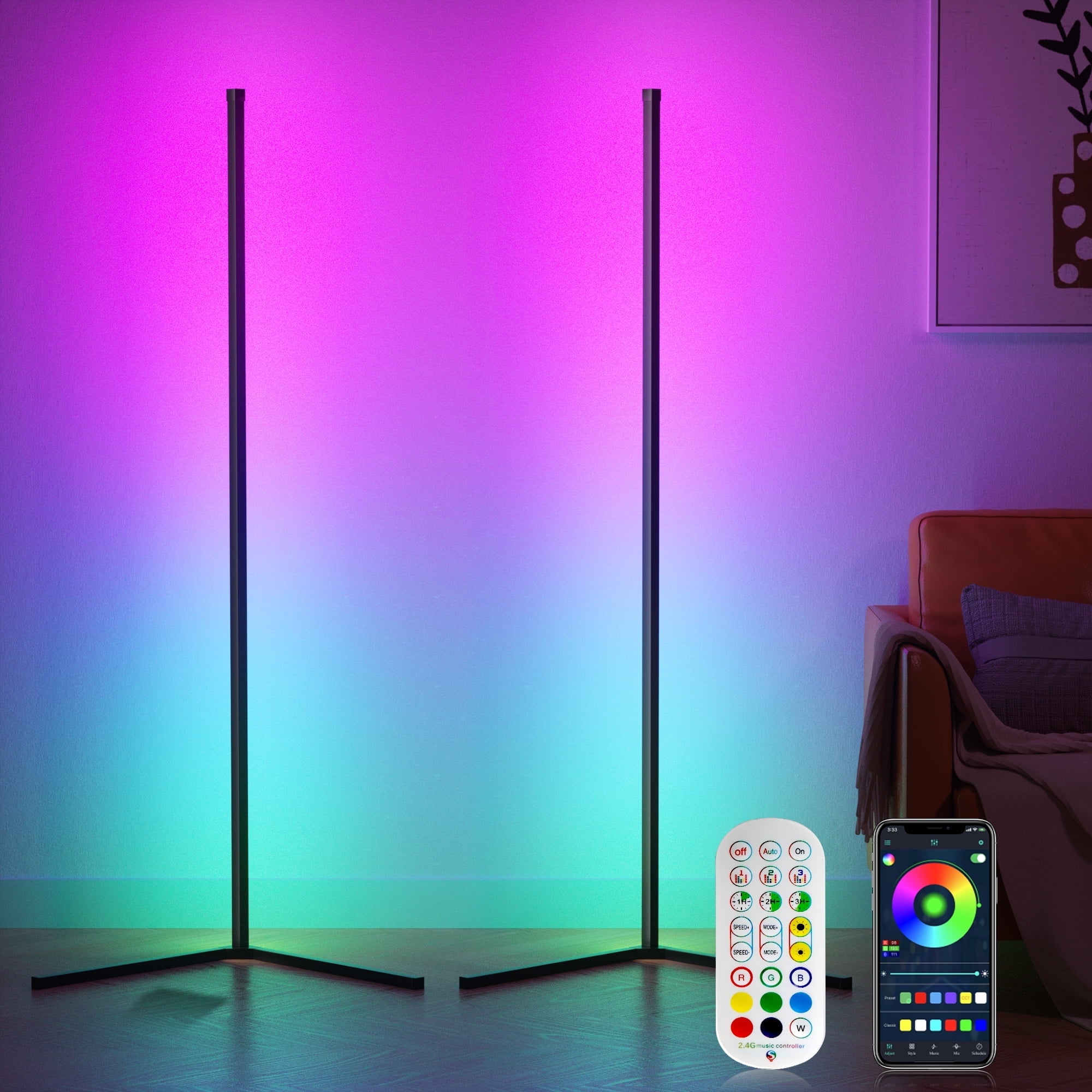 Smart RGB Corner Floor Lamp - 16 Million Colors, App & Remote Control, Music Sync - Modern LED Standing Lamp For Living Room & Bedroom