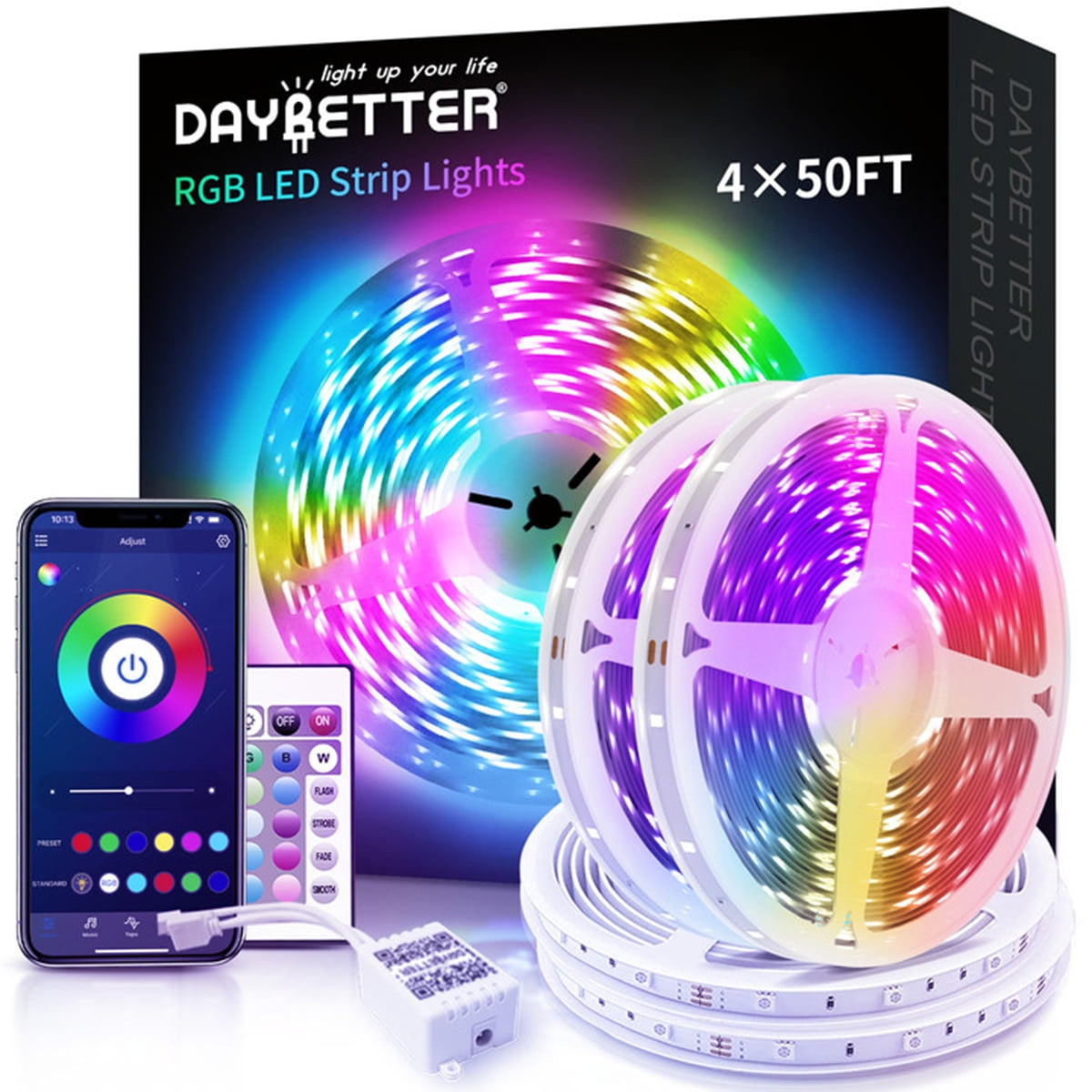 DAYBETTER 50ft Bluetooth LED Strip Lights,Music Sync 5050 LED Light Strip  RGB with Remote Control,Timer Schedule,Color Changing Led Lights for  Bedroom(APP+Remote +Mic) 