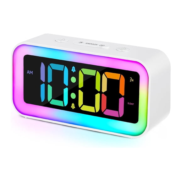 DAYBETTER Loud Alarm Clock, 8 RGB Digital Alarm Displays, 7 Dynamic RGB Night Light Modes, Adjustable Brightness, Dual Alarms, Ideal for Deep Sleepers, Children, Teens, and Seniors (White)