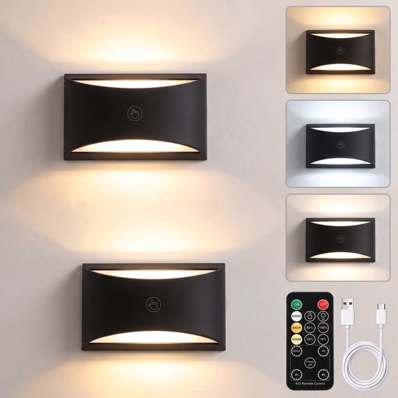 DAYBETTER Wall Light with Rechargeable 2 Pack Black, Wall Sconces with 3 Color Modes & Magnetic, Up and Down Wall Lights for Bedroom, Hallway