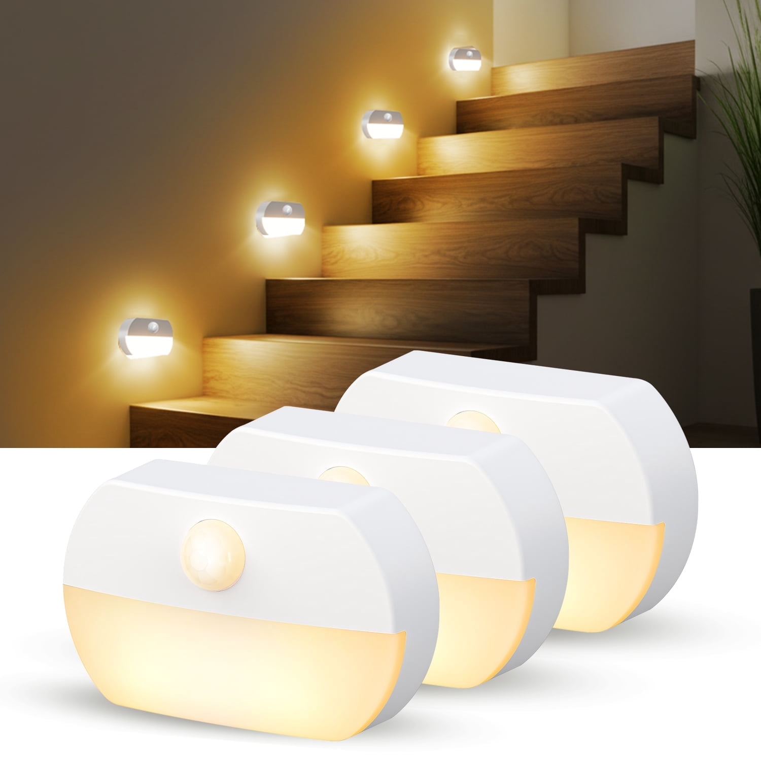 DAYBETTER Motion Sensor Lights Indoor, Battery Operated Stair Lights, Warm White Stick on Anywhere Hallway Lamp, Portable Led Night Lights for Bedroom Under Cabinet Kitchen, 3 Pack