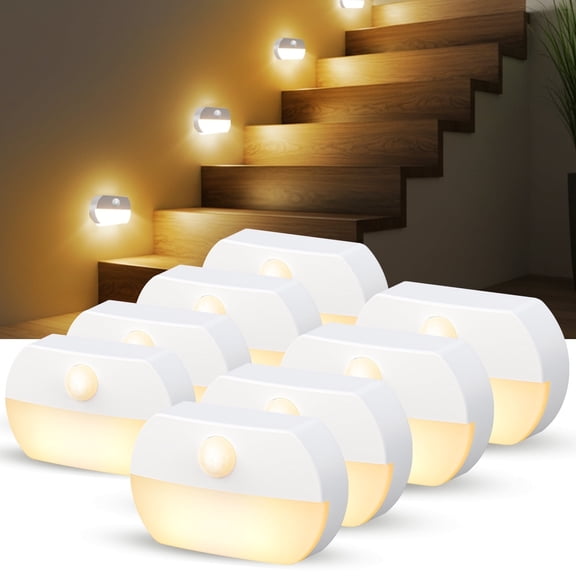 DAYBETTER Motion Sensor Lights Indoor, Battery Operated Stair Lights, Warm White Stick on Anywhere Hallway Lamp, Portable Led Night Lights for Bedroom Under Cabinet Kitchen, 8 Pack