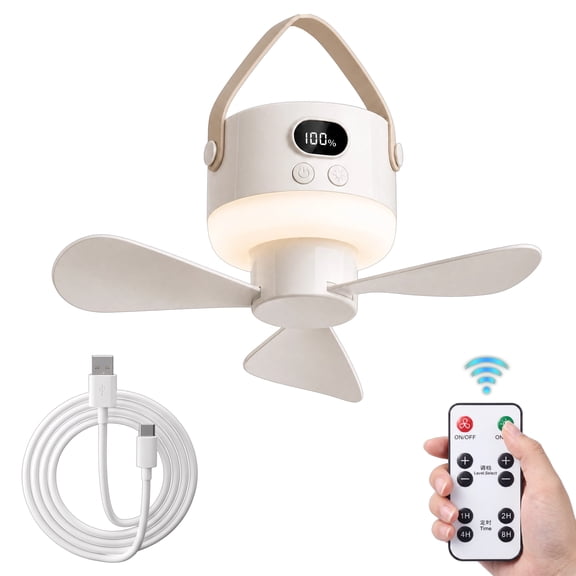 DAYBETTER Rechargeable Camping Fan with LED Light, Portable 3-Blade Hanging Tent Ceiling Fan with Remote Control, Adjustable Speed and Brightness, 1/2/4/8H Timer, USB-C Charging, White
