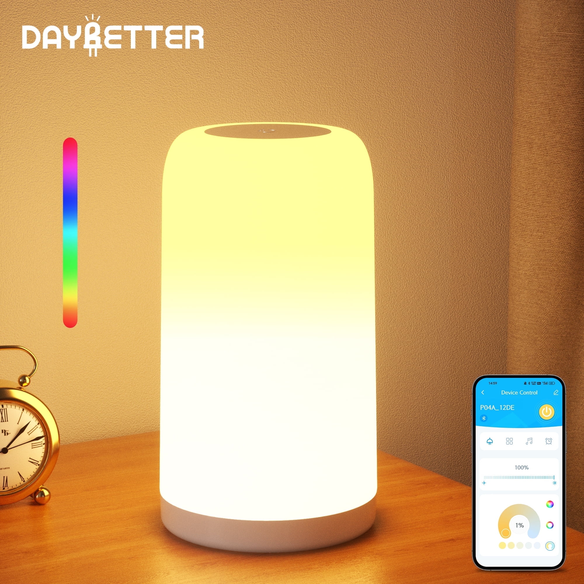 DAYBETTER Night Light, Dimmable Touch Lamp for Bedroom, Portable Table Bedside Lamps, 5 Brightness and 16 RGB Colors, Suitable for Bedroom/Baby Nursery/Bathroom/Hallways/Living Room
