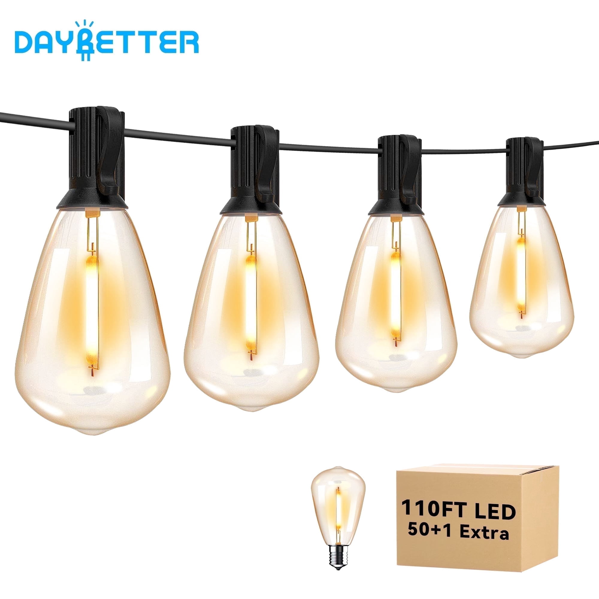 DAYBETTER 110ft Outdoor Lights, with 50 ST38 Bulbs, Waterproof String lights for Backyard - Walmart.com