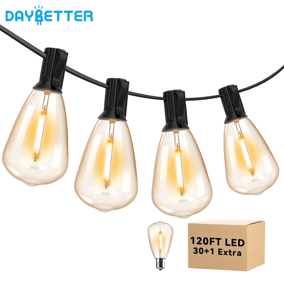 DAYBETTER Outdoor String Lights, 120FT Patio String Lights with 30 Shatterproof ST38 Bulbs, Waterproof Hanging Lights for Backyard, Garden, Wedding Decor