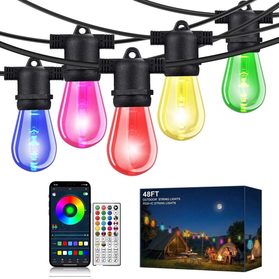 DAYBETTER Outdoor String Lights, 48FT RGBIC + White String Lights with 15 LED Bulbs，Waterproof Smart Patio Lights with APP & Control, for Garden, Yard