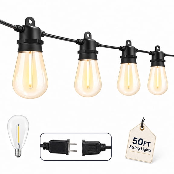 DAYBETTER Outdoor String Lights, 50FT Heavy-Duty Patio Lights with 15 LED Bulbs, Shatterproof & Waterproof, for Balcony, Deck, Garden Decor