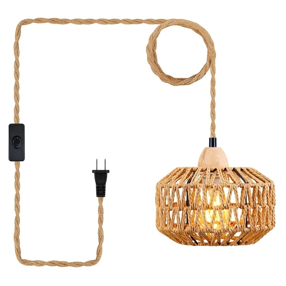 DAYBETTER Plug in Rattan Pendant Lights, Hobo Hanging Light with 8.2ft Woven Light Cord, for Kitchen Island Bedroom Dining Room Living Room, 7.9 Inch
