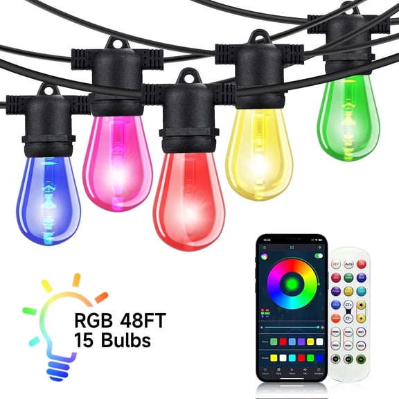 DAYBETTER Outdoor String Lights, 48FT Smart RGBIC Patio Lights, 15 Shatterproof Bulbs, Remote & App Control, for Garden Christmas Decor