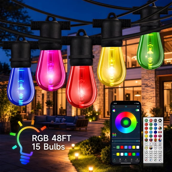 DAYBETTER Outdoor String Lights, 48FT RGBIC Patio Lights with Remote & App Control, 15 Shatterproof Bulbs, Waterproof String Lights for Garden, Patio Decor