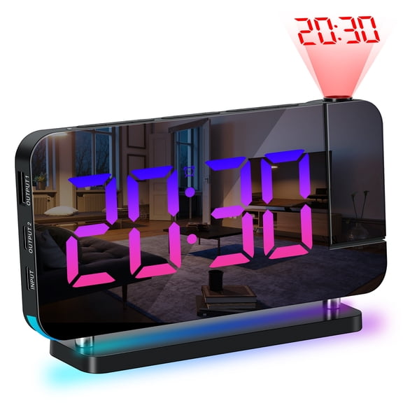 DAYBETTER RGB Projection Alarm Clock for Bedroom Ceiling, 7inch Digital Mirror Clocks with Night Light for Teen Girl Adults