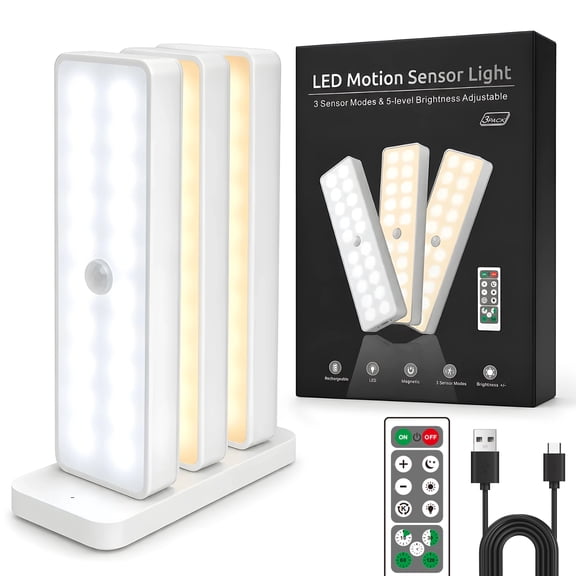 DAYBETTER Rechargeable Under Cabinet Lights, Magnetic Remote Control, 2 Color Temp, 5 Level Dimming, Timer, Motion Sensor for Kitchen Closet Stairs, 3 Pack