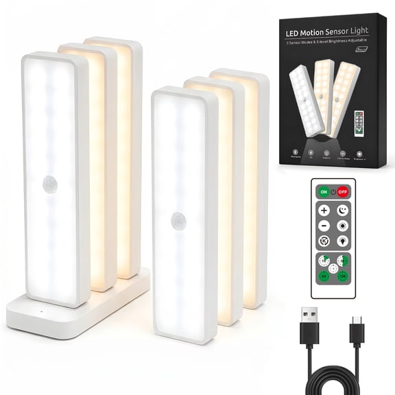 DAYBETTER Rechargeable Under Cabinet Lights, Magnetic Remote Control, 2 Color Temp, 5 Level Dimming, Timer, Motion Sensor for Kitchen Closet Stairs, 6 Pack