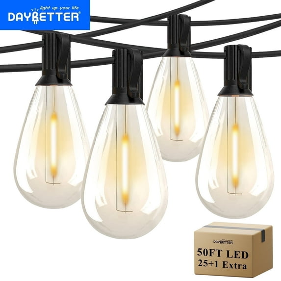 DAYBETTER 50ft Outdoor String Lights, with 25 Led Waterproof Bulbs, Connectable Patio Hanging Lights for Yard, Garden, Canopy