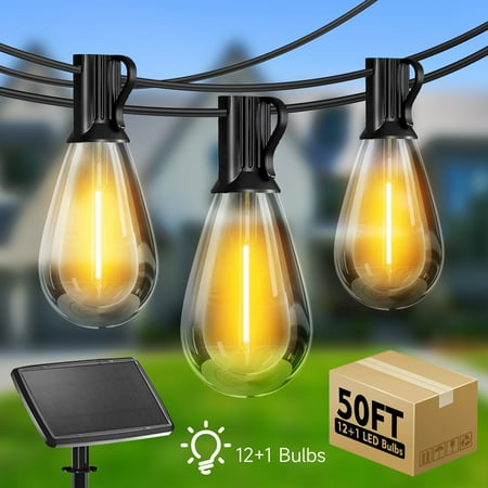 DAYBETTER 50FT S14 Solar Outdoor String Lights ,Waterproof Hanging Holiday Patio Lights,12 Bulbs
