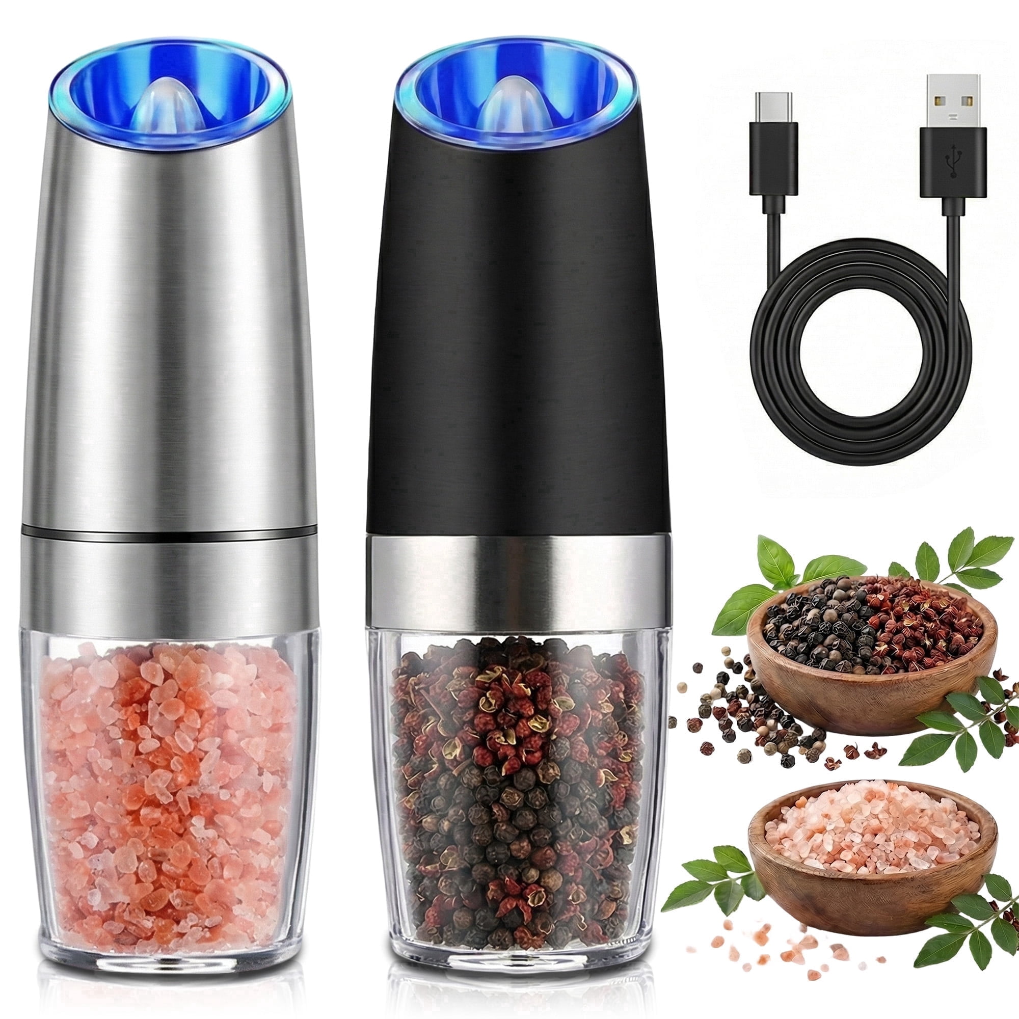 DAYBETTER Salt and Pepper Grinder Set, USB Rechargeable Electric Salt and Pepper Grinder Set, Adjustable Coarseness Mill Grinders, for Kitchen, Dining & Camping