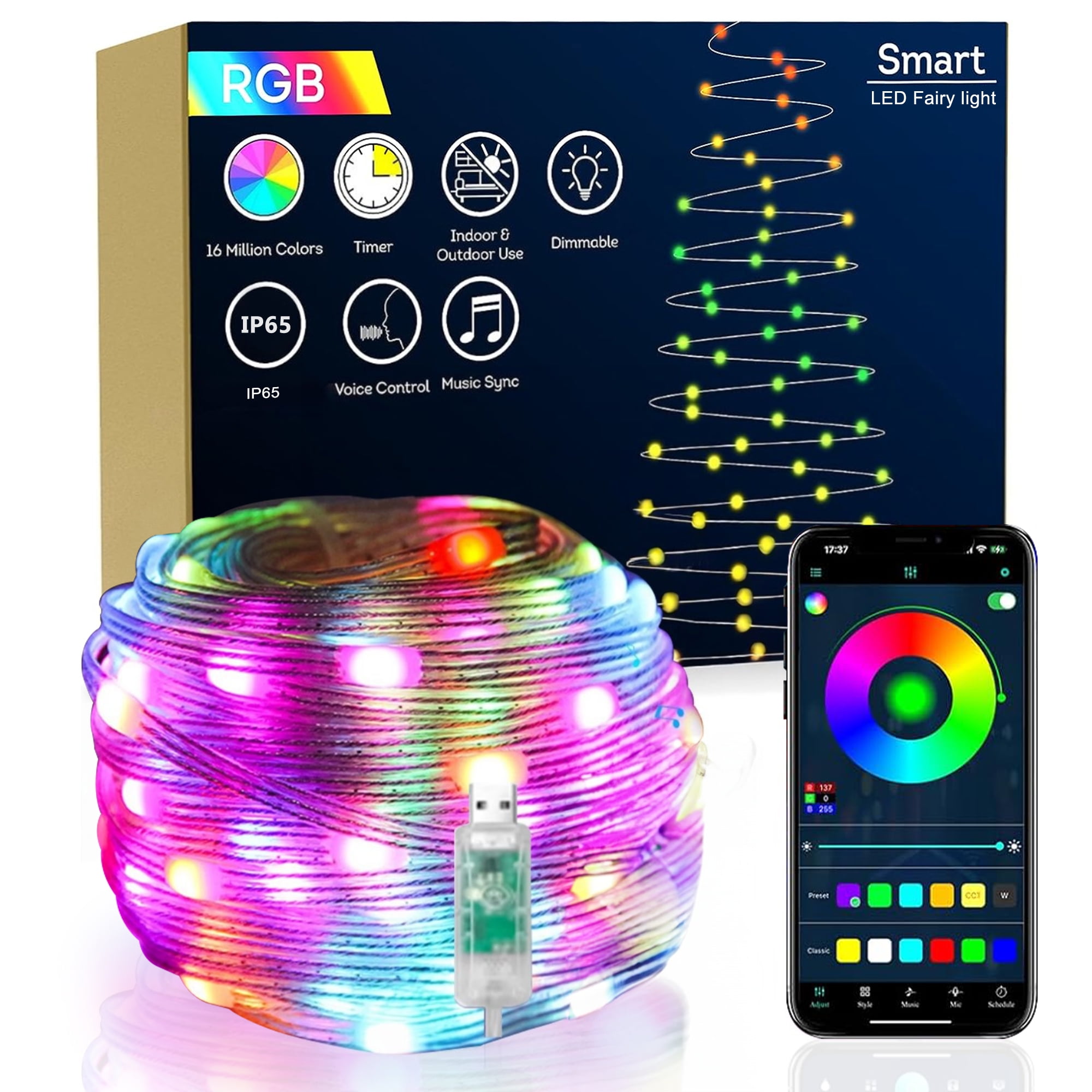 DAYBETTER Smart Fairy String Light 50ft,Twinkle Light With USB Plug-in,APP Controlled,IP65 Waterproof LED Color Changing Lights for Garden Party Decor,Bedroom(Indoor or Outdoor)
