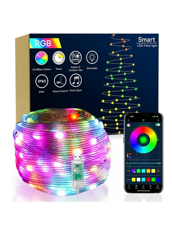 DAYBETTER Smart Fairy String Light 50ft,Twinkle Light With USB Plug-in,APP Controlled,IP65 Waterproof LED Color Changing Lights for Garden Party Decor,Bedroom(Indoor or Outdoor)