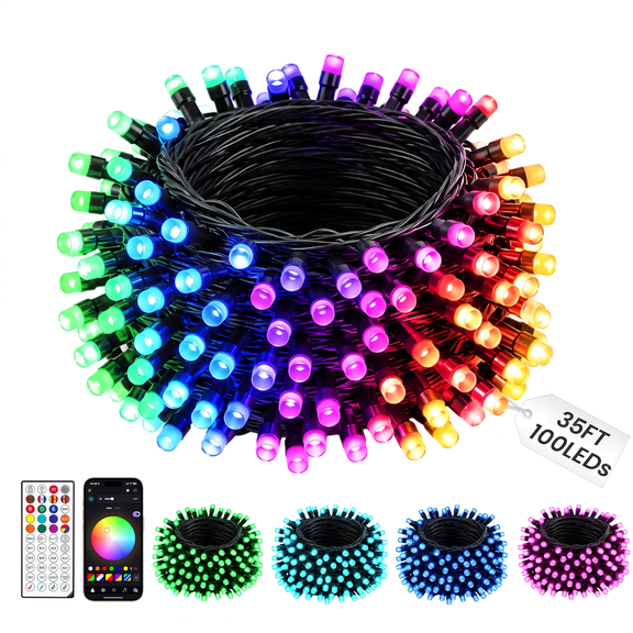 DAYBETTER Smart RGB String Lights, 35ft 100LEDs, Remote & APP Control, Million Colors with Music Sync, IP44 Waterproof for Indoor, Outdoor, Bedroom, Party Decor