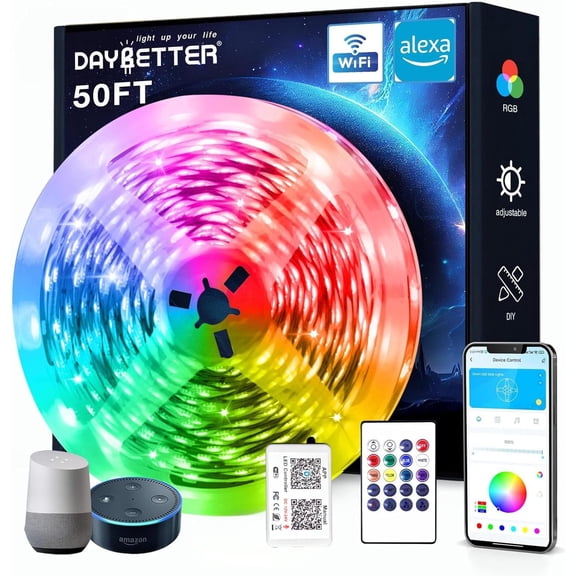 DAYBETTER Smart WiFi Led Lights, 50 FT RGB Led Strip Lights Compatible with Google Assistant, App Voice Remote Control Music Sync Color ChangingLED Strip Lighting for Bedroom Room Decor