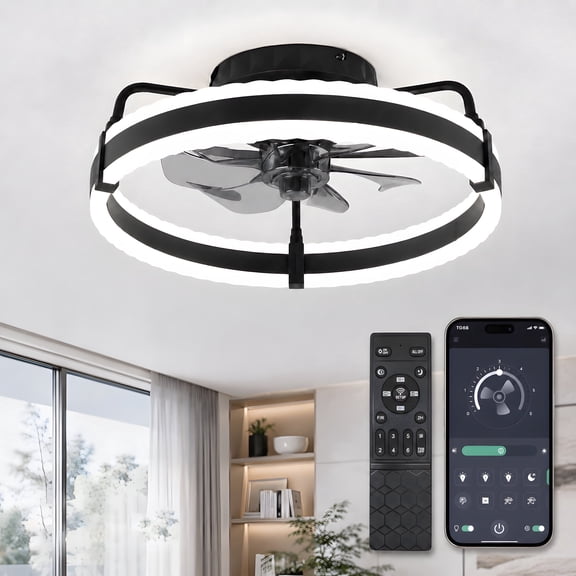 DAYBETTER 20-Inch Low Profile Ceiling Fan with Lights and Remote, Bluetooth App Control, Reversible 6-Speed Fan, Stepless Dimmable 3CCT LED Light, Flush Mount Indoor Ceiling Fan, Black