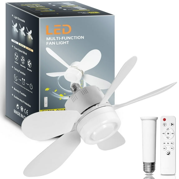 DAYBETTER Socket Fan Light, 18.9in Ceiling Fans with Lights and Remote,1900 Lumens Dimmable 5 Blades Screw in Ceiling Fan for Bedroom Living Room Cloakroom Kitchen Garage, White