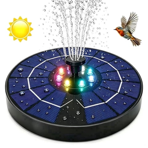 DAYBETTER Solar Fountain Pump with Colorful Led Lights, 7.1 inch Solar Bird Bath Fountain with 5 Nozzles Heads for Bird Bath, Garden, Pond, Pool, Outdoor (3W)