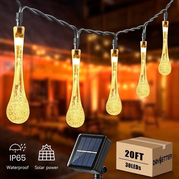 DAYBETTER Water Drop Outdoor Solar Lights String Clearance, 20ft/30LEDs/8Modes Solar Powered Garden Lights for Fence Patio Yard Decor