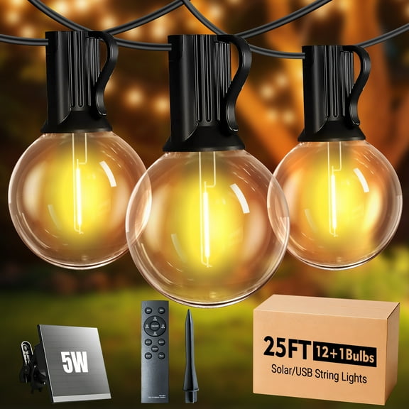 DAYBETTER Solar Outdoor Lights, 25FT Solar Powered Patio String Lights with 12 G40 Shatterproof Bulbs, Waterproof Hanging Lights for Backyard Garden Decor