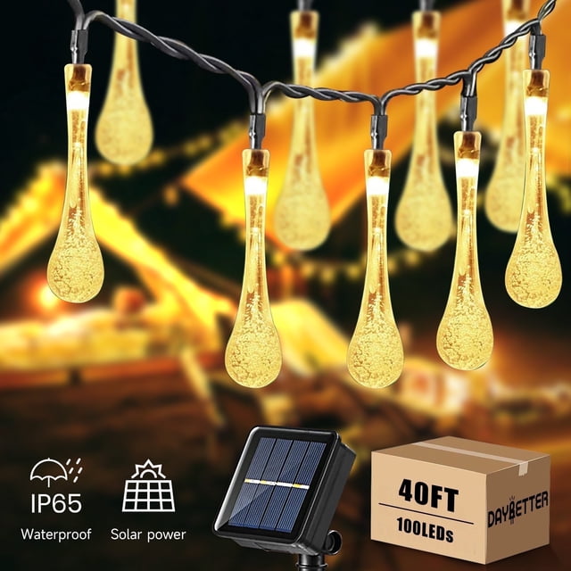 DAYBETTER 8Modes Solar Outdoor String Lights, 40ft/100LEDs Water Drop ...