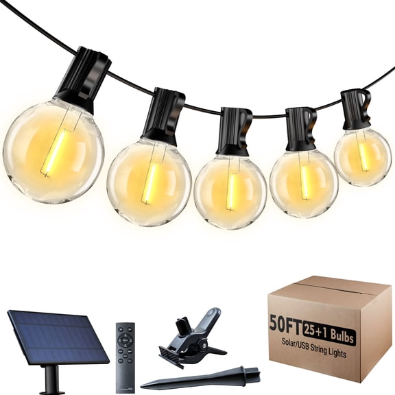 DAYBETTER Solar Outdoor Lights, 50FT Solar Powered Patio String Lights with 25 G40 Shatterproof Bulbs, Waterproof Hanging Lights for Backyard Garden Decor