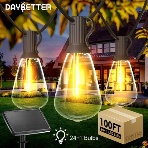 DAYBETTER Solar Outdoor String Lights，100FT Waterproof ST38 Hanging Patio Lights for Yard 25 Bulbs