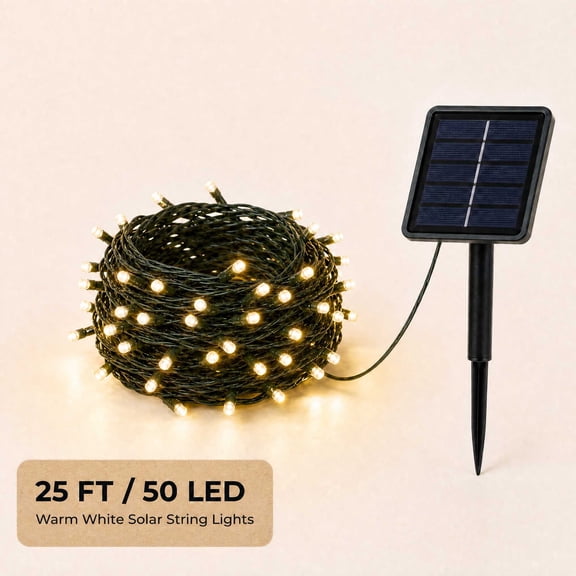 DAYBETTER Solar Outdoor String Lights ,25FT 50 Warm White LED Bulbs, 8 Lighting Modes & Memory Function, Waterproof Solar Christmas Lights for Porch, Garden, Holiday Decor