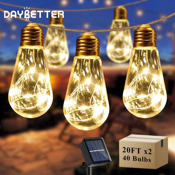 DAYBETTER 2pack Solar Outdoor String Lights, 20ft/20 Bulbs/8 Modes Vintage Rope Hemp Solar Powered Lights for Fence Garden Patio Yard Decor