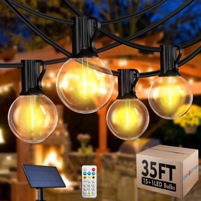 DAYBETTER Solar Outdoor String Lights, 35ft, Remote Control, 8Lighting Modes, with 15 E12 G40 Shatterproof Waterproof LED Bulbs, for Patio Backyard Bistros