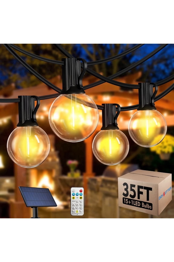 Solar Outdoor String Lights, 35ft, Remote Control, 8Lighting Modes, with 15 E12 G40 Shatterproof Waterproof LED Bulbs, for Patio Backyard Bistros