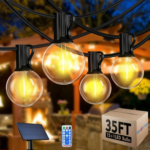 DAYBETTER Solar Outdoor String Lights, 35ft, with 15 G40 Shatterproof Waterproof LED Bulbs, for Patio, Bistros