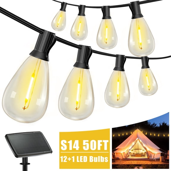 DAYBETTER Solar Outdoor String Lights, 50FT Outdoor Patio Lights with 12 S14 Bulbs, Waterproof & Shatterproof, for Porch, Backyard, Holiday