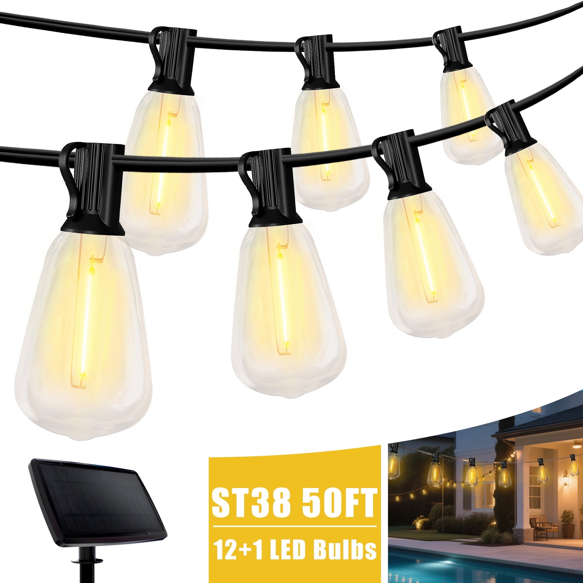 DAYBETTER Solar Outdoor String Lights,50FT Patio Lights with 12 Shatterproof ST38 Vintage Edison Bulbs, Solar Waterproof Hanging Lights, for Porch, Deck, Garden, Backyard