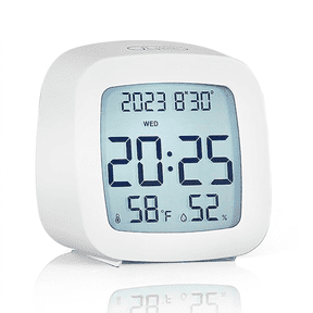 DAYBETTER Digital Alarm Clock, Touch Backlight Small Desk Clock, Battery Operated, Display Time Date Week Temperature Humidity, Snooze Function, Portable Clock for Bedroom Living Room Office